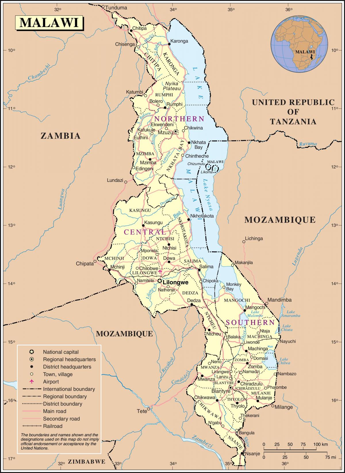 harta Malawi arată drumurile