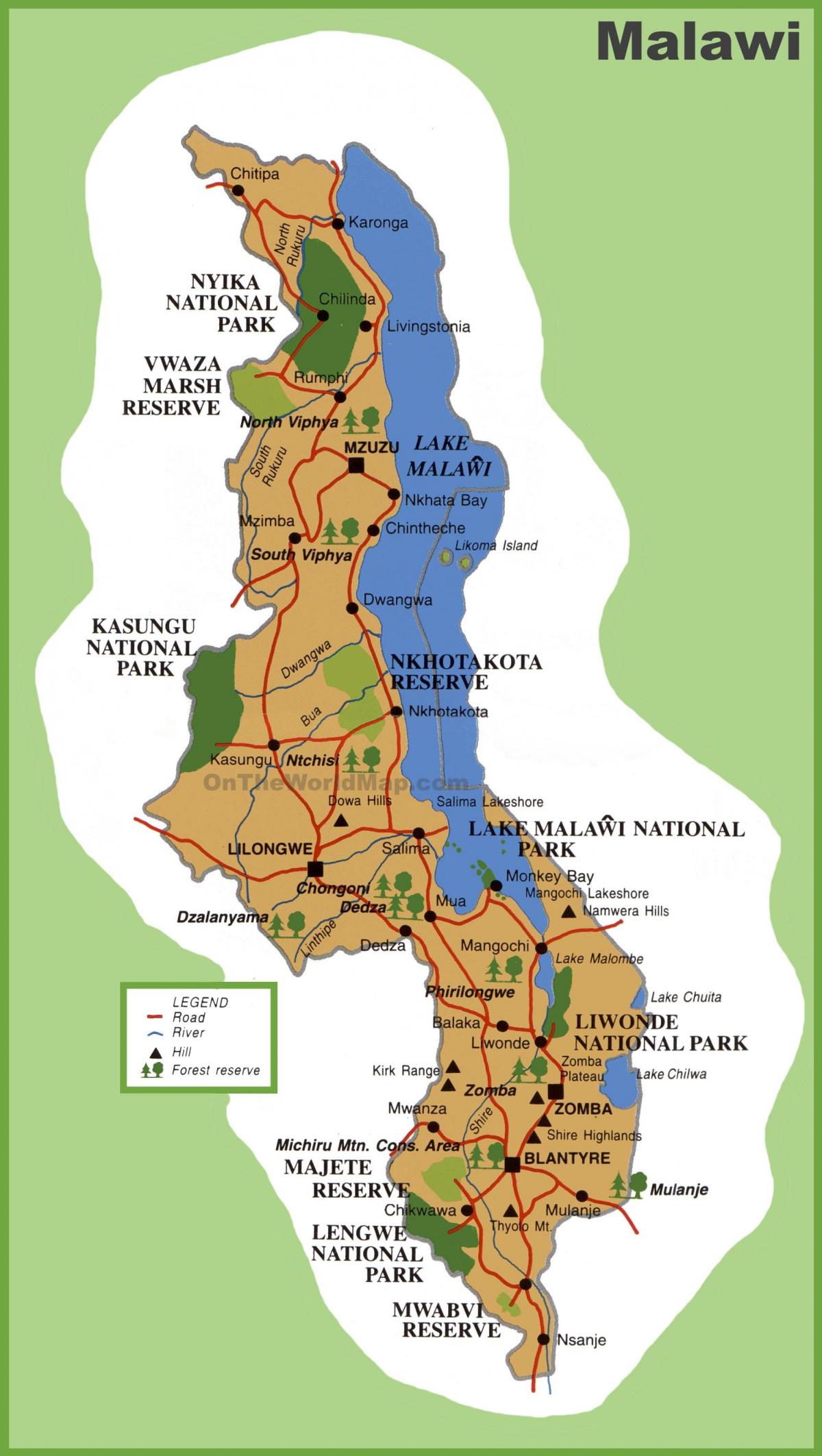 harta Malawi și în țările din jur